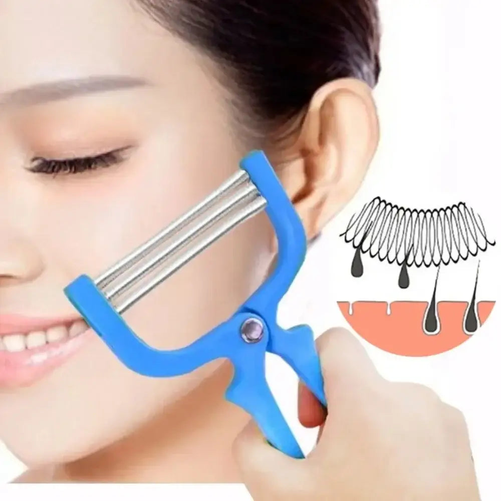 Facial hair removal tool with a blue handle and metal spring coils.