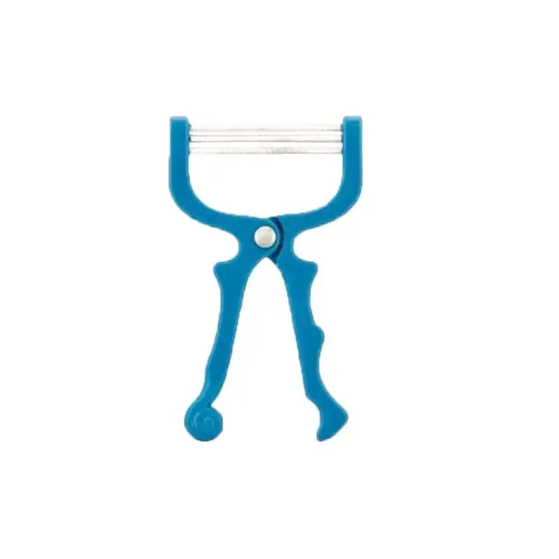 Blue plastic hair removal tool with a metal spring between the handles.