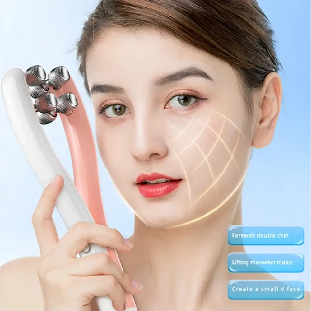 Facial beauty device with multiple metal rollers held near a woman’s face.