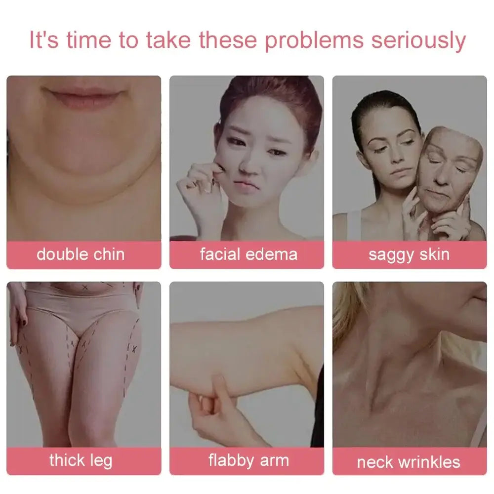 Collage of images depicting various perceived bodily ’flaws’ or aesthetic concerns, labeled with captions like ’double chin’ and ’saggy skin’.