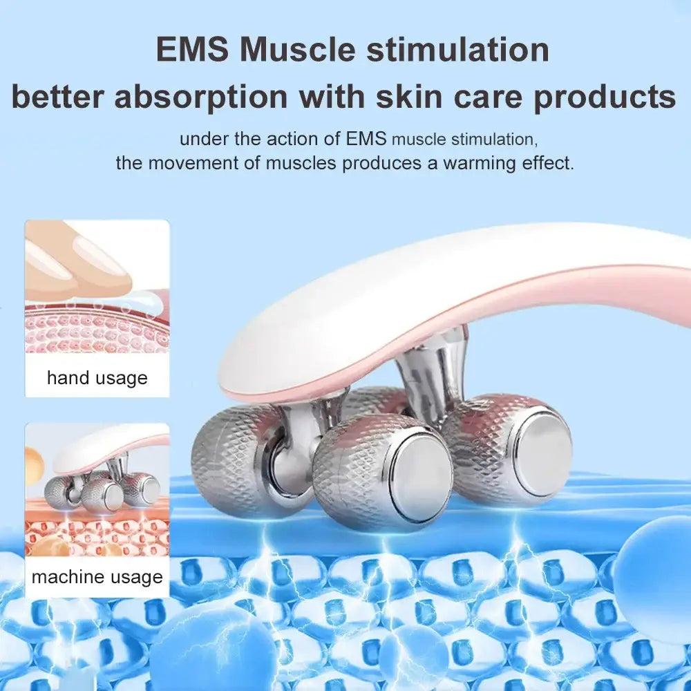 EMS muscle stimulation device with multiple roller heads for skin care product absorption.