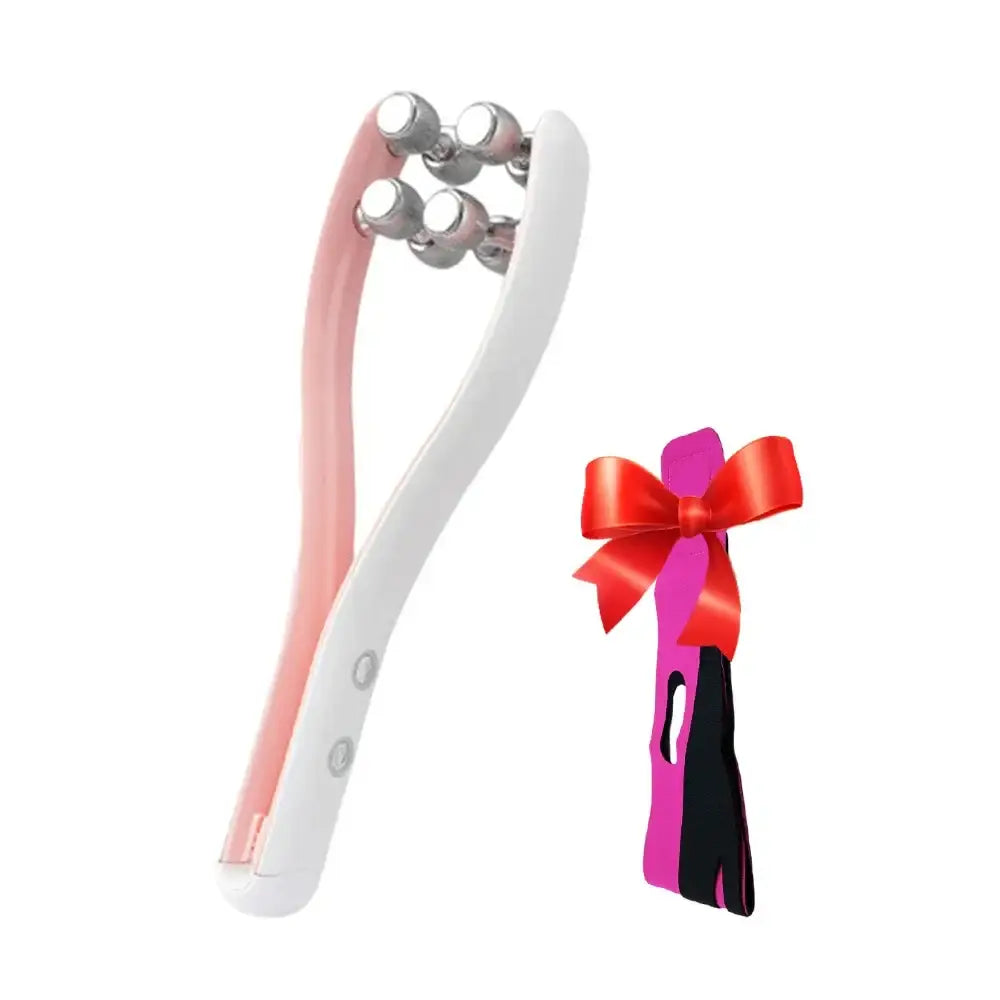 Handheld facial massage roller with multiple rotating balls on a curved handle.