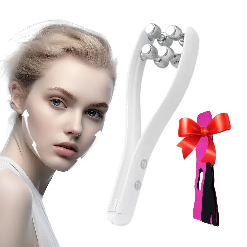 Handheld facial massage roller with multiple rotating balls.