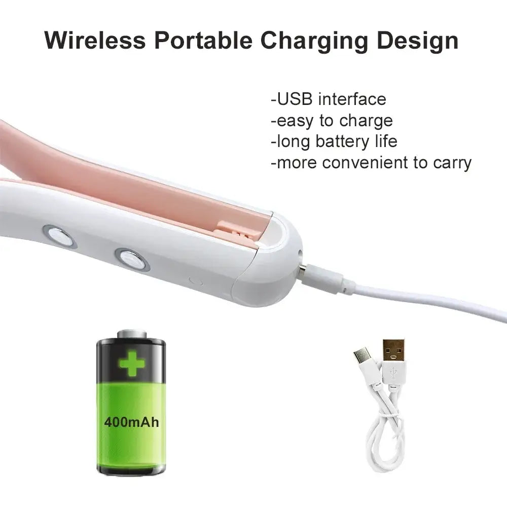 Wireless portable charging device with a USB interface and elongated design.