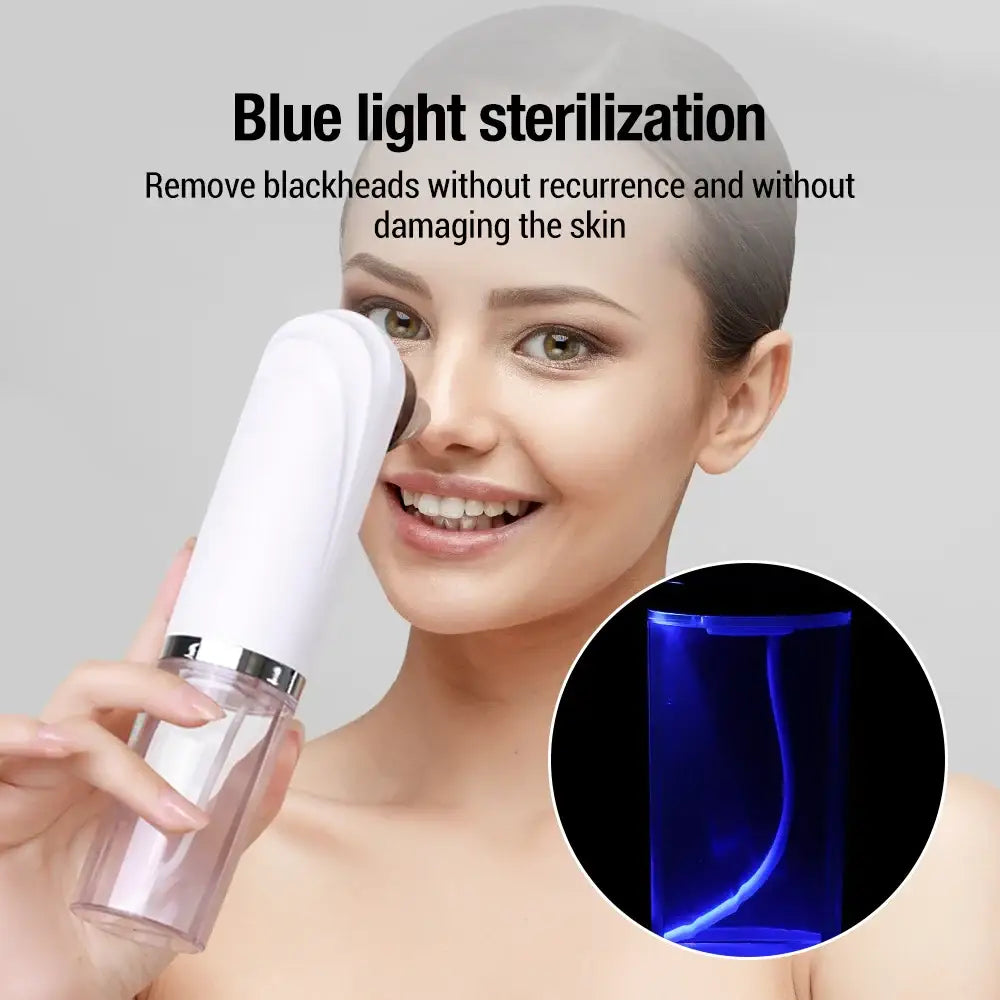 Handheld blue light device for skin treatment and blackhead removal.