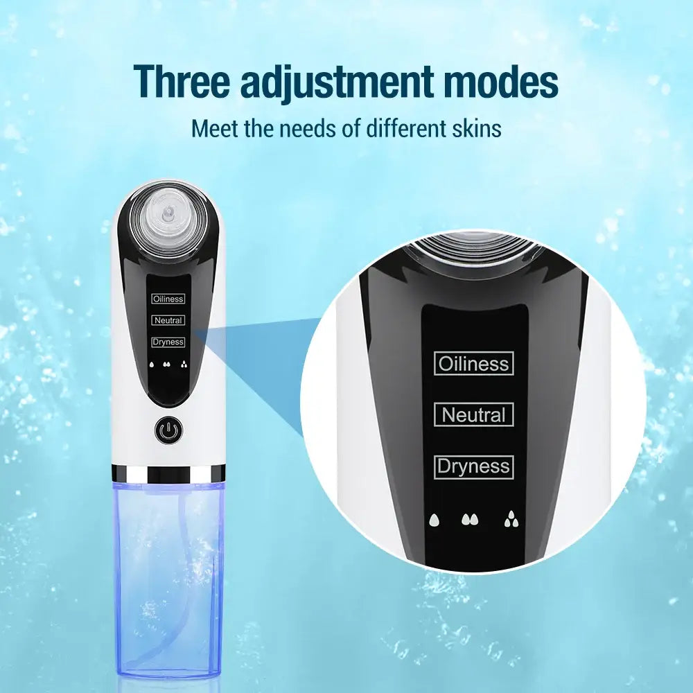 Handheld electronic skincare device with three adjustment modes and a blue water reservoir.