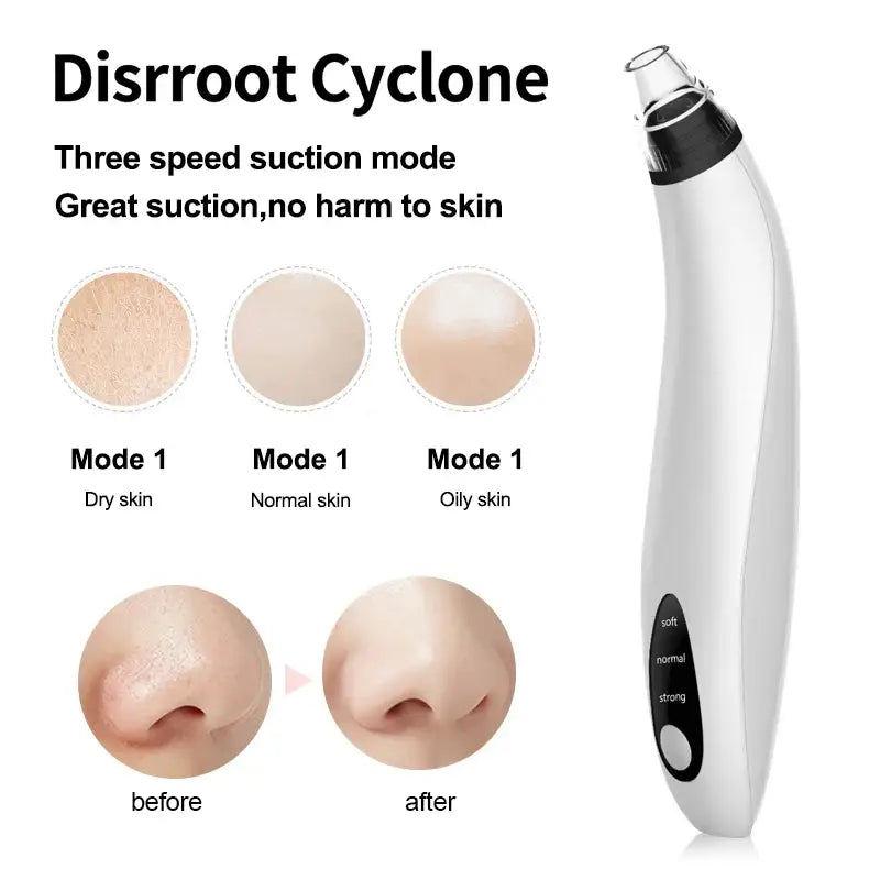 Handheld electronic pore cleaner device with suction modes for different skin types.