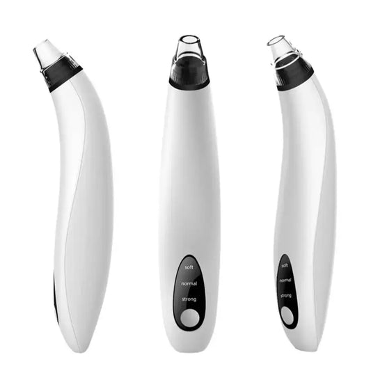 Handheld electronic pore cleaner or blackhead remover device with a curved white body and black accents.