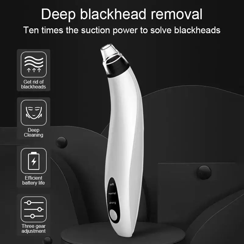 White and black handheld electronic device for blackhead removal with a curved shape and suction tip.