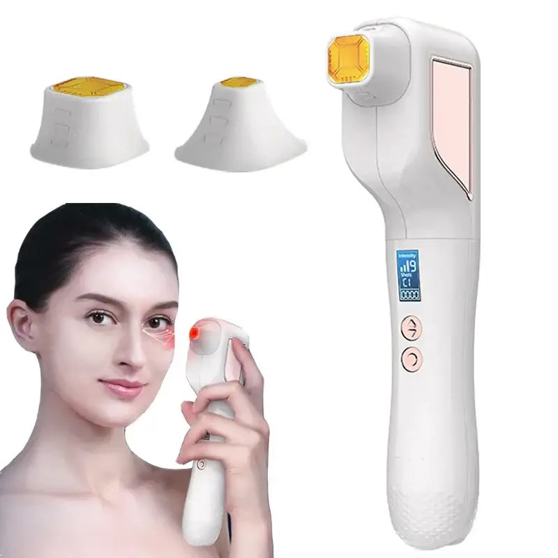 Handheld electronic device for facial skincare with interchangeable attachments.