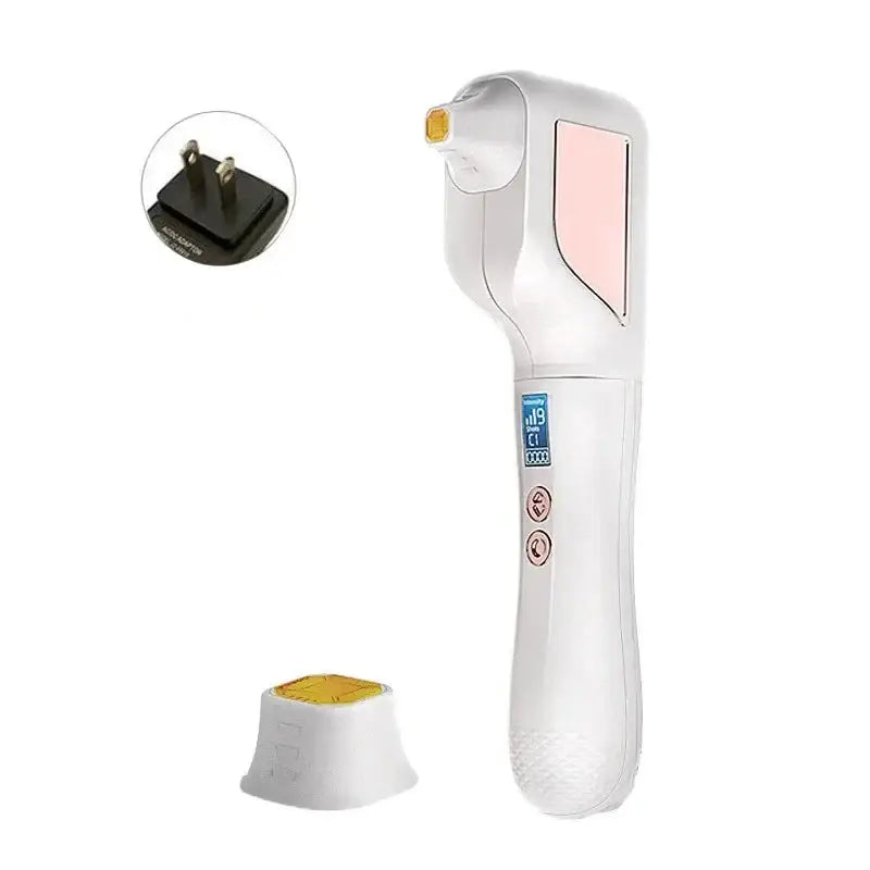 Handheld digital thermometer with a white body and pink display panel.