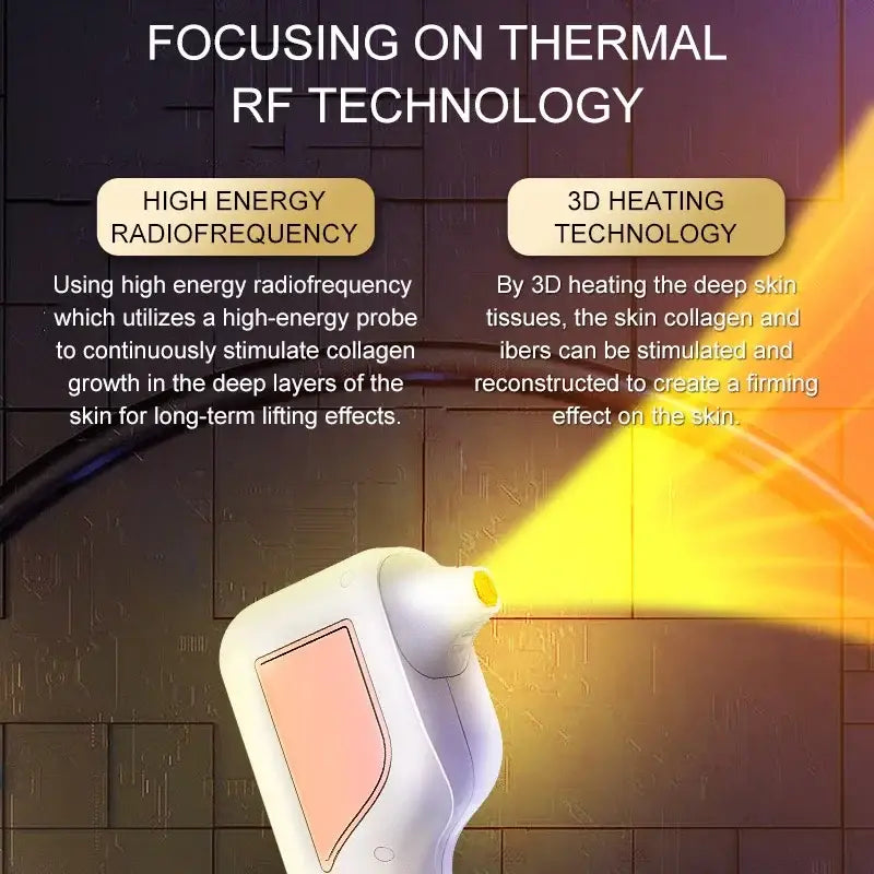 Handheld device emitting light, likely for thermal RF skin treatment.