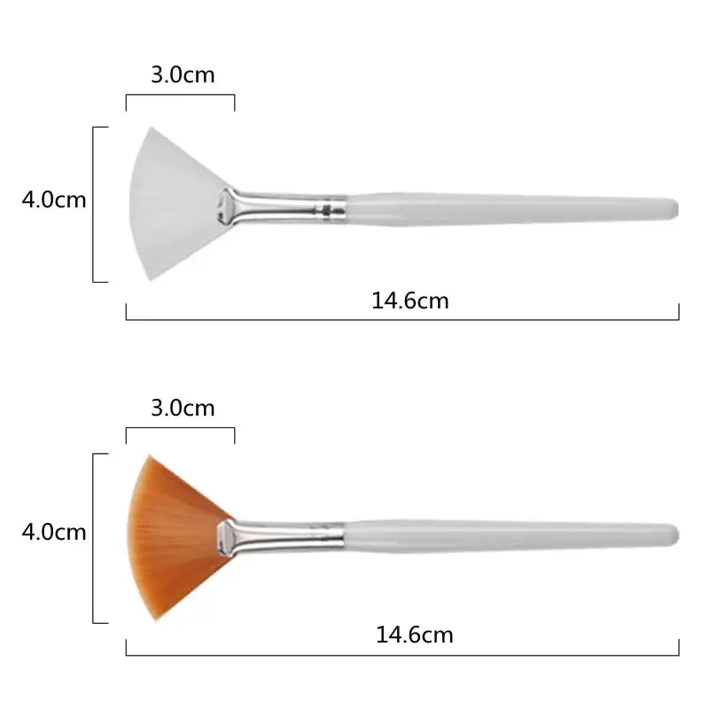 Fan-shaped makeup brush with a white handle and bristles in two color variants.