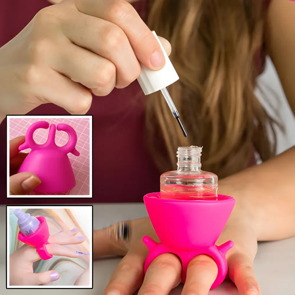 Bright pink nail polish holder designed to fit on a finger for easy application.