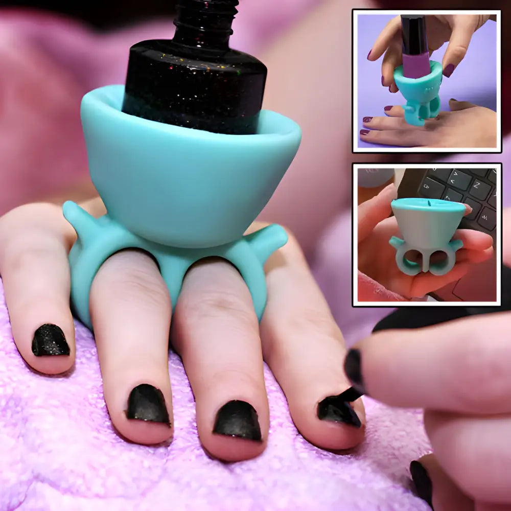 Turquoise nail polish holder that fits over fingers while painting nails.