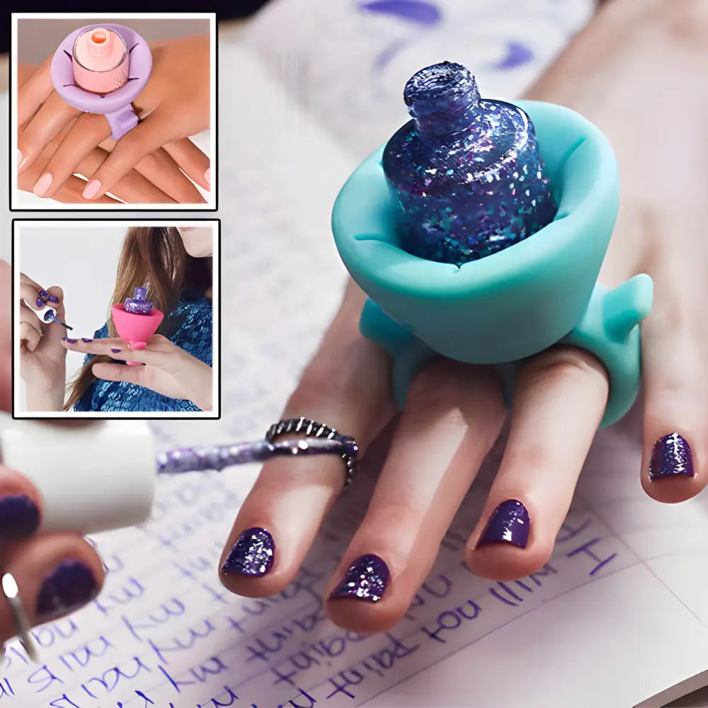 Turquoise ring-shaped nail polish holder worn on a finger, containing glittery blue polish.