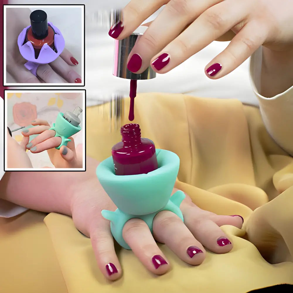 Wearable nail polish holder that fits over a finger to stabilize the bottle while painting nails.