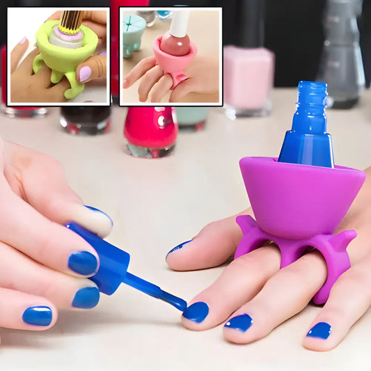 Wearable nail polish holder that fits on a finger for easy application.