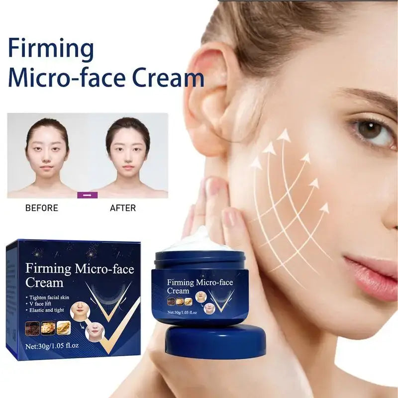 Firming micro-face cream product with before and after comparison images.