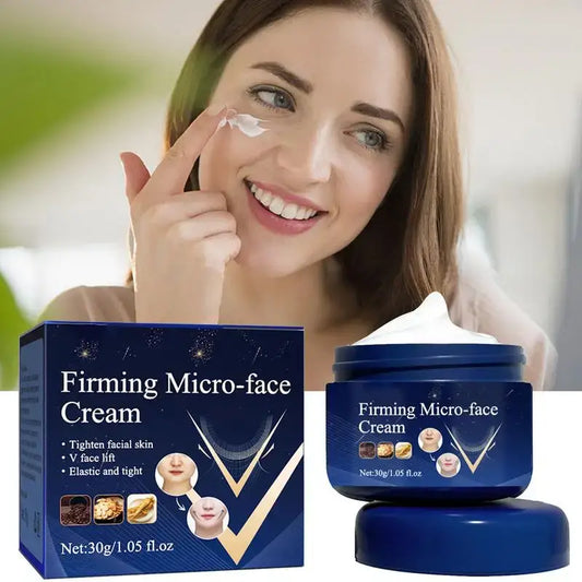 Firming micro-face cream product with its packaging and a smiling woman applying it.