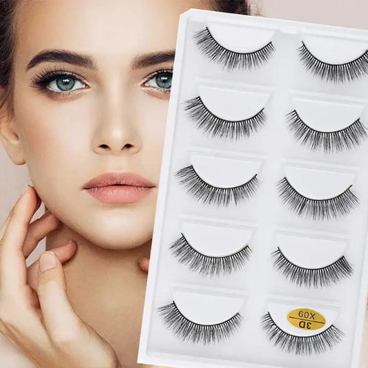 Set of false eyelashes displayed next to a close-up of a woman’s face.