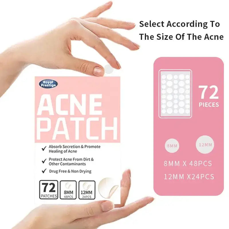 Acne patch product packaging held between two hands.