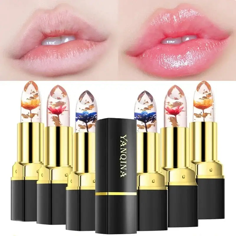 Flower-infused lipsticks in gold and black tubes with colorful floral designs visible in the lipstick cores.