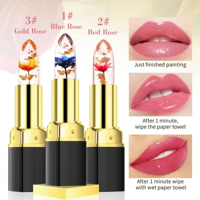 Flower-shaped lipsticks with gold casings and transparent caps revealing colorful floral designs inside.