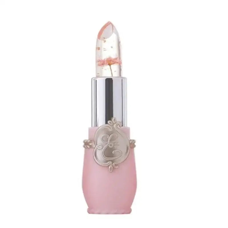 Pink lipstick with a clear and pink marbled bullet in an ornate silver-accented tube.