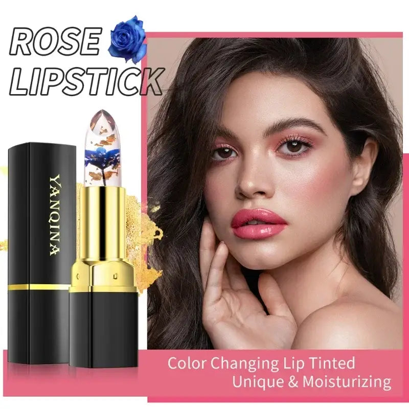 Color-changing rose-shaped lipstick in a black and gold tube.