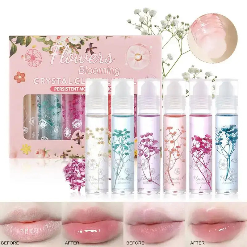 Set of floral-themed lip glosses with crystal-like packaging and before/after lip swatches.