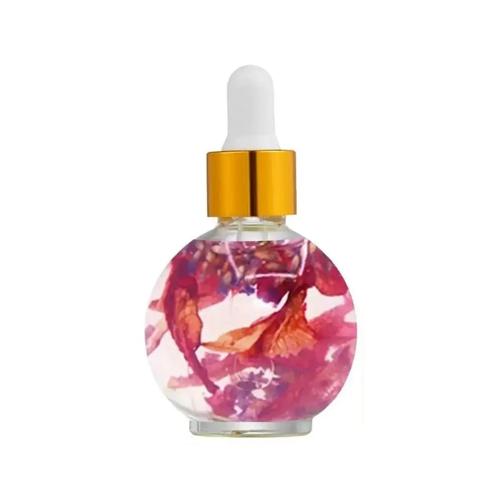 Glass bottle containing pink flower petals in liquid, with a gold-capped dropper top.