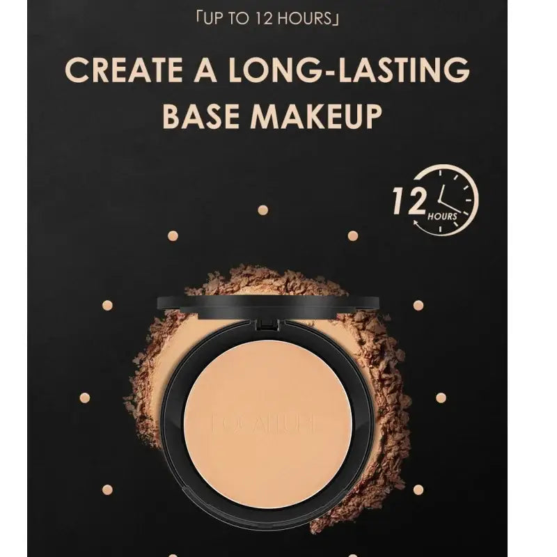 Compact powder foundation in a round black case with beige product visible.