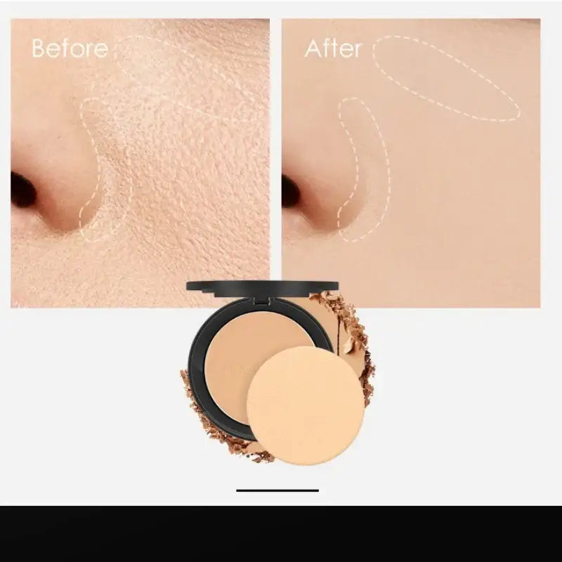 Compact powder makeup with a before and after skin texture comparison.