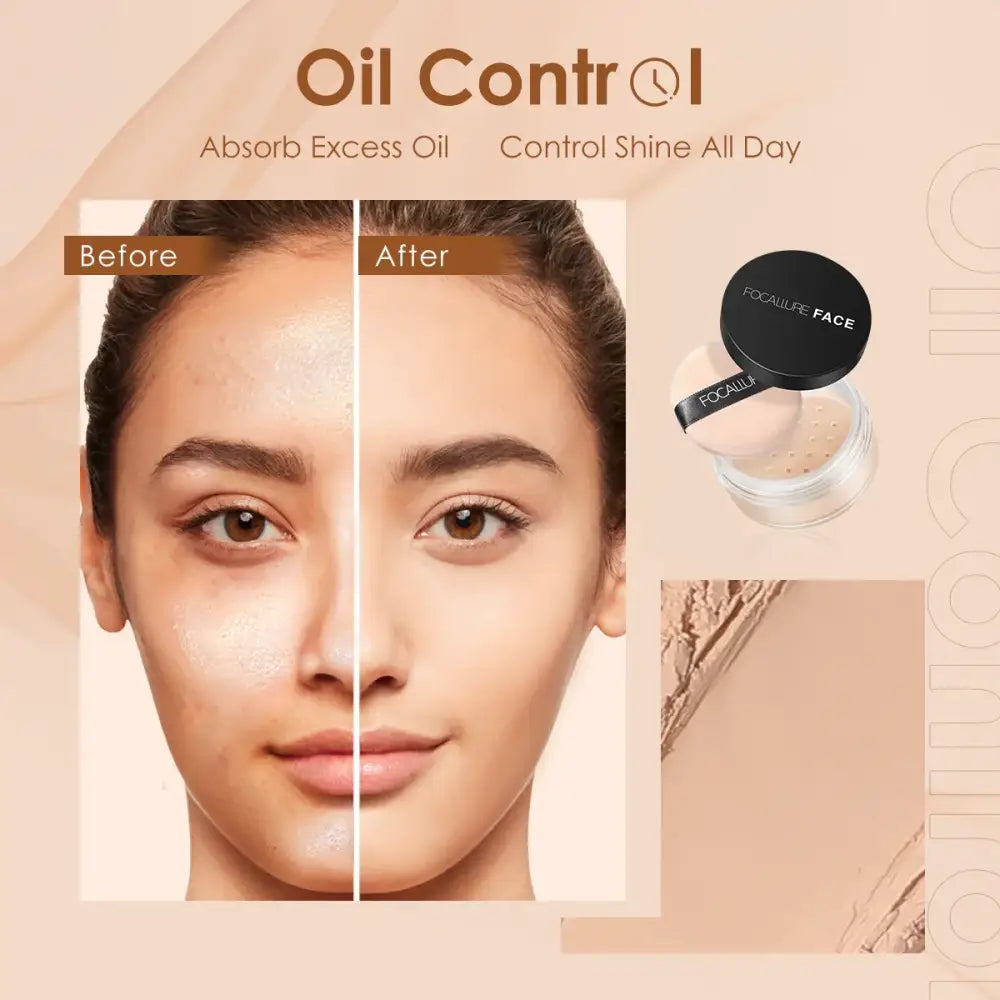 Advertisement for an oil control cosmetic product showing a before and after comparison of a woman’s face.