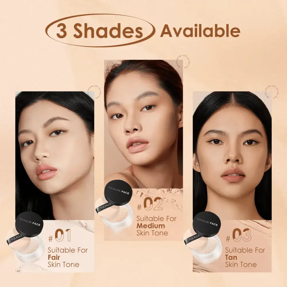 Makeup advertisement showcasing three shades of foundation for different skin tones.