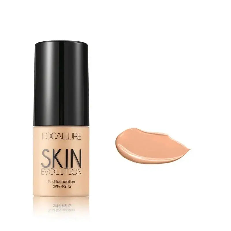 Bottle of liquid foundation makeup with a swatch of the product beside it.