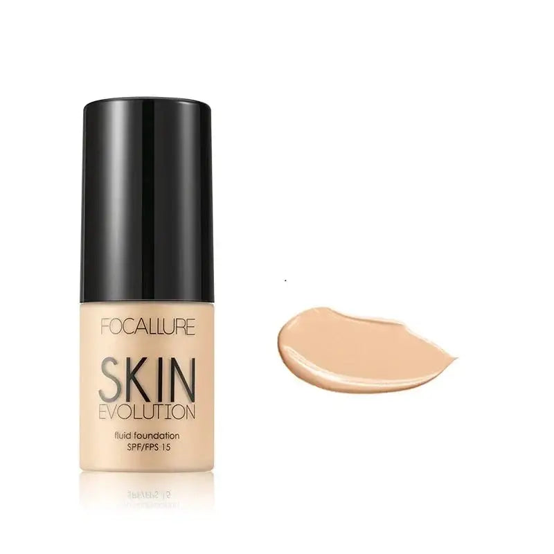 Bottle of liquid foundation makeup with a swatch of the product next to it.