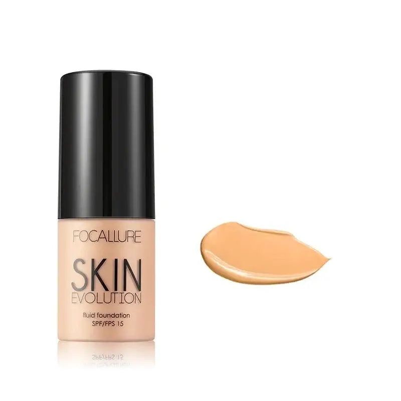 Bottle of liquid foundation makeup with a swatch of the product beside it.