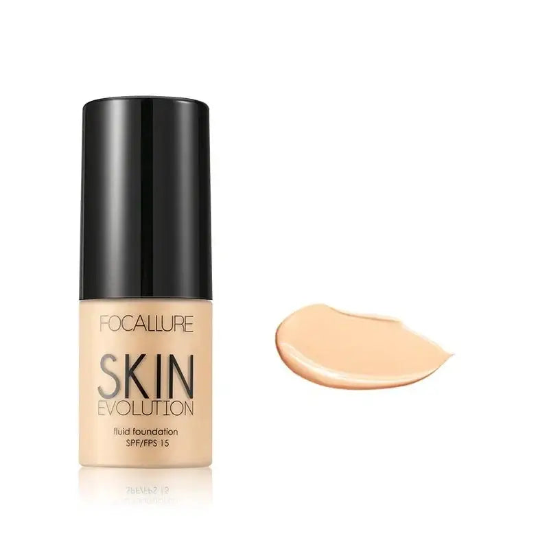 Bottle of liquid foundation makeup with a swatch of the product next to it.