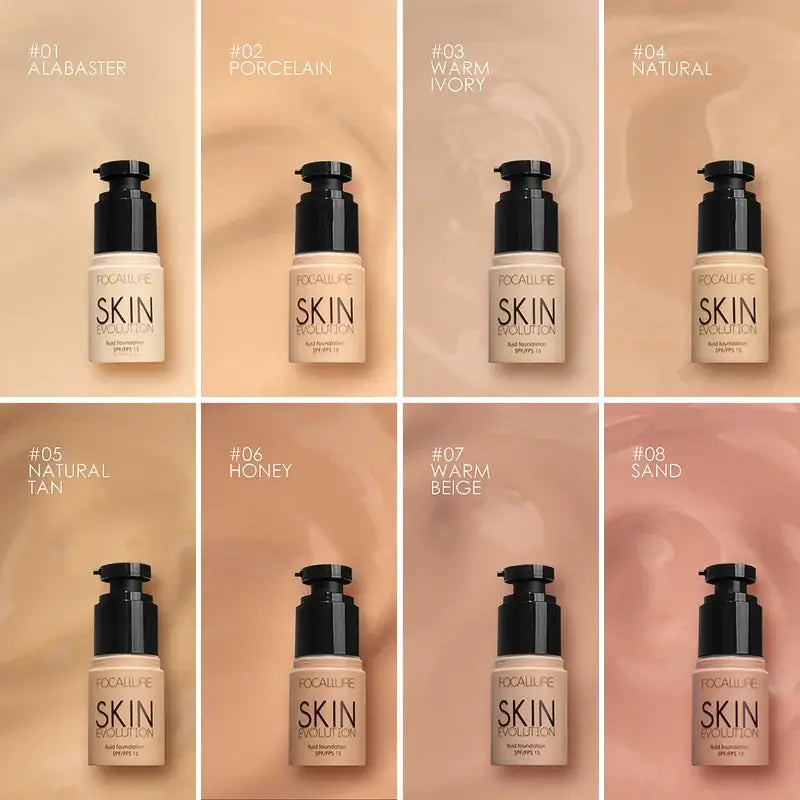 Foundation bottles in various skin tone shades arranged in a grid.