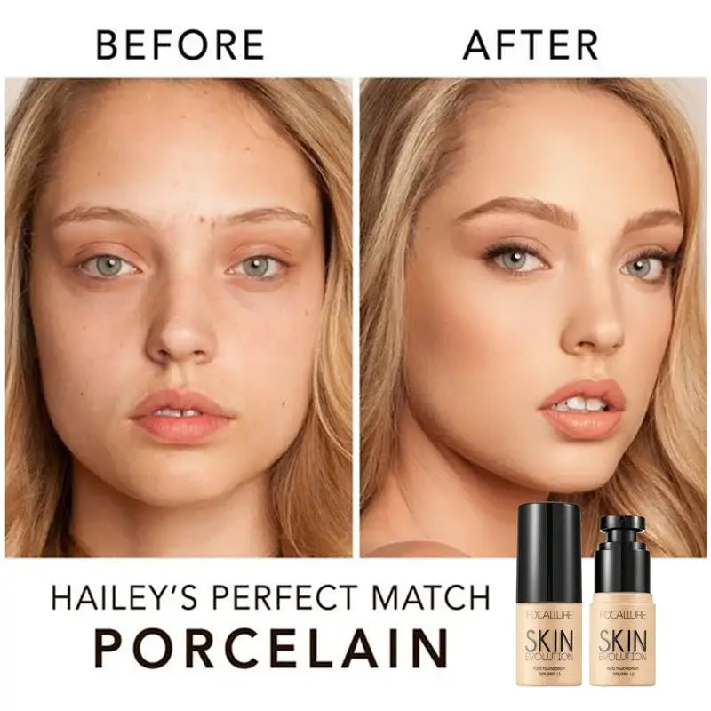 Before and after comparison of makeup application on a woman’s face, showcasing a foundation product.