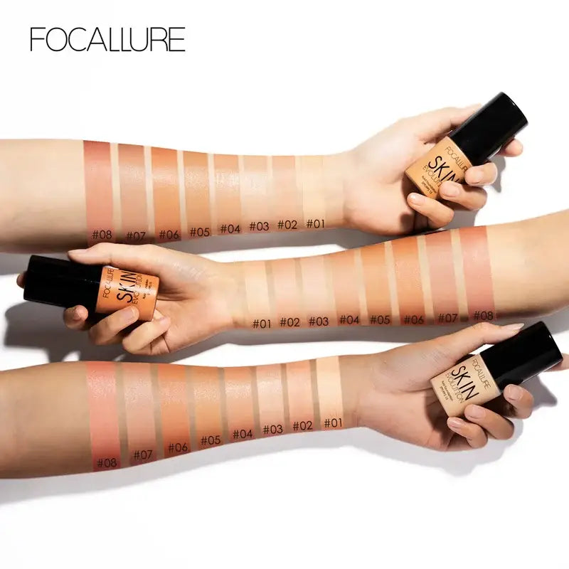 Swatches of foundation or concealer shades displayed on forearms, with product bottles held in hands.