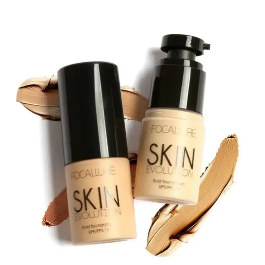 Two bottles of Focallure Skin Evolution foundation with swatches of product.