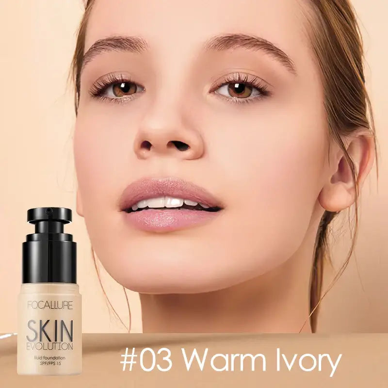 Bottle of liquid foundation labeled ’#03 Warm Ivory’ next to a close-up of a woman’s face.