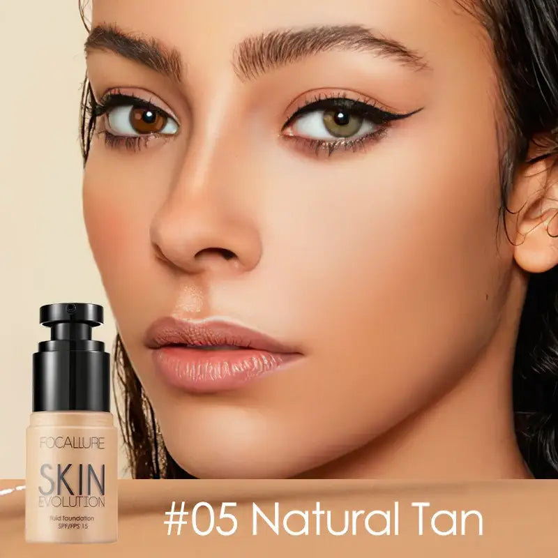 Bottle of liquid foundation makeup labeled ’#05 Natural Tan’.