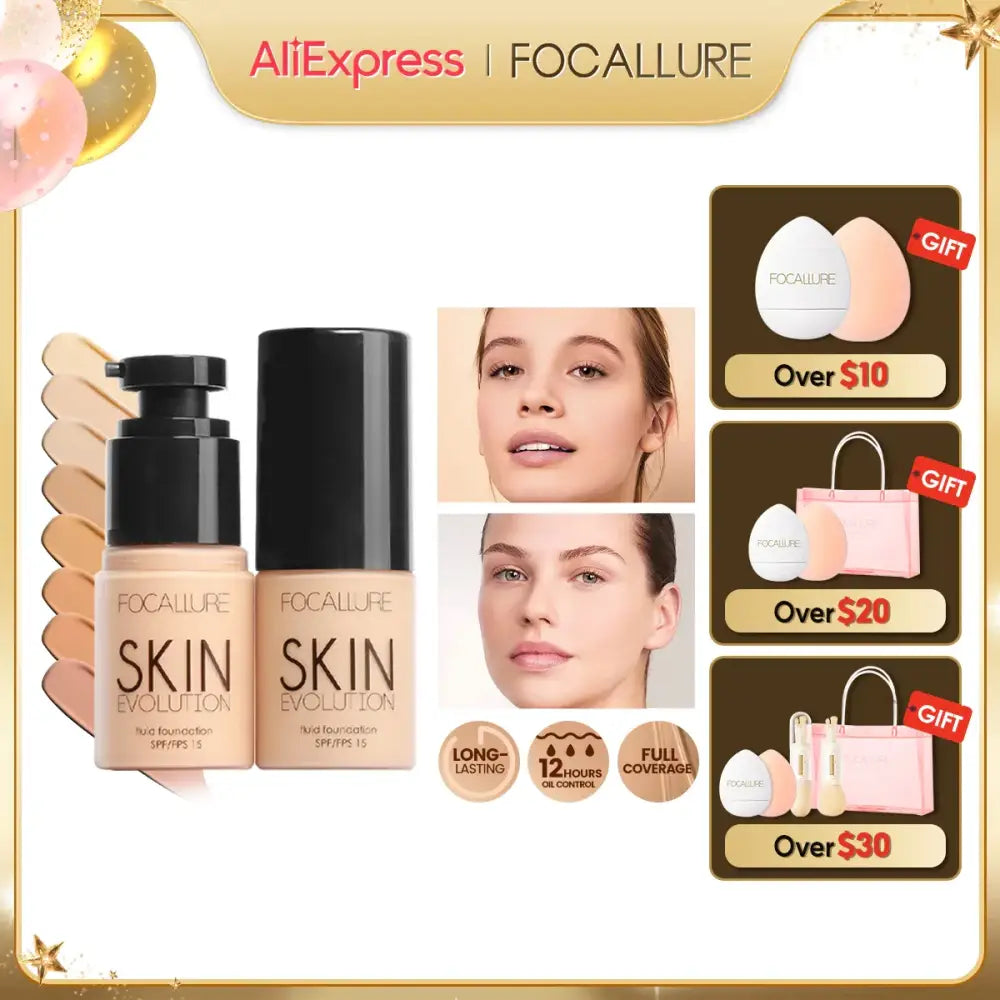 Foundation bottles from the brand Focallure, with promotional images and gift offers.