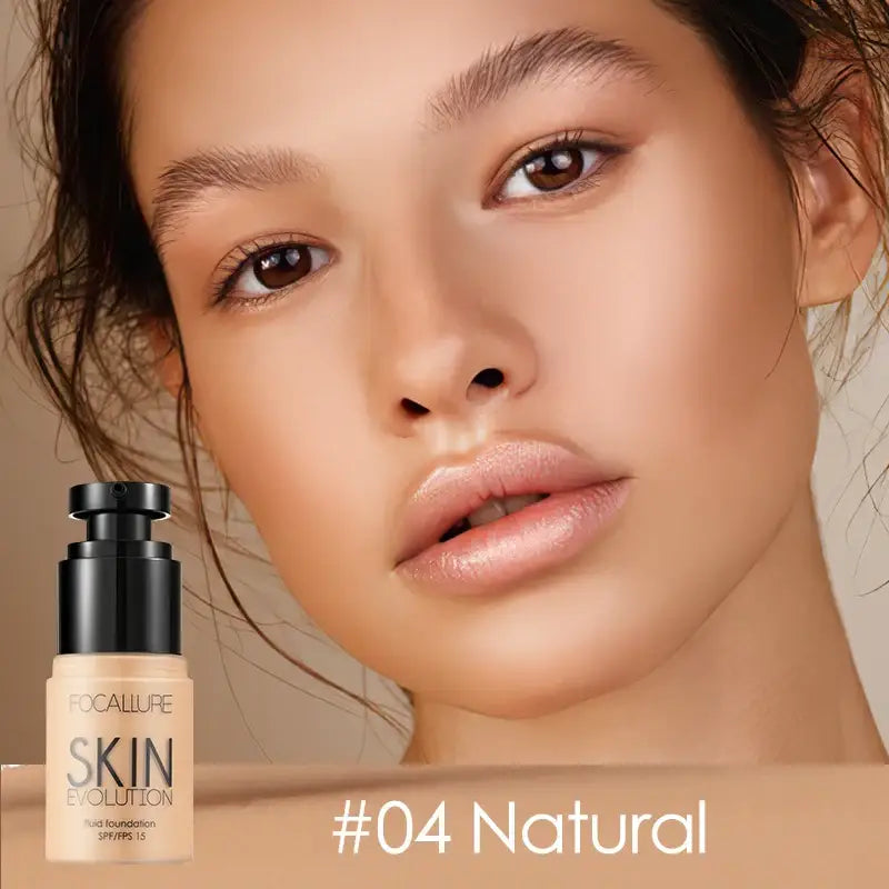 Close-up portrait of a woman with flawless skin and glossy lips, alongside a foundation bottle labeled ’#08 Sand’.