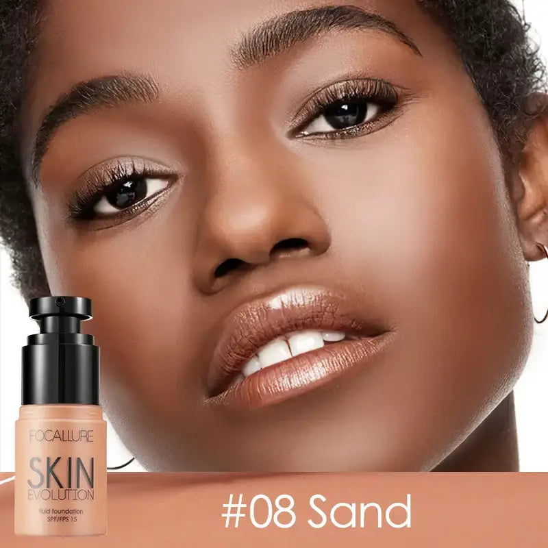 Close-up portrait of a woman with flawless skin and radiant makeup, showcasing a foundation product labeled ’#08 Sand’.