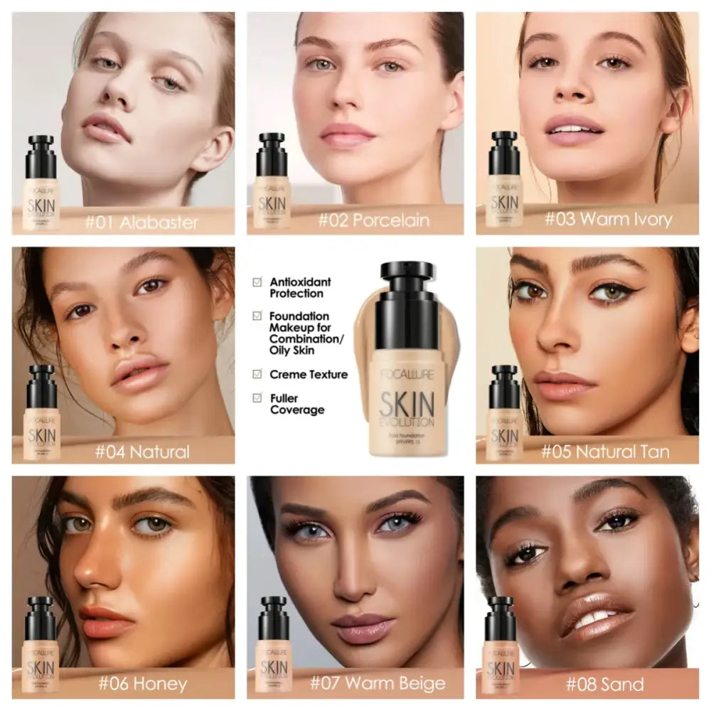 Foundation makeup bottles and swatches showcasing different skin tone shades.